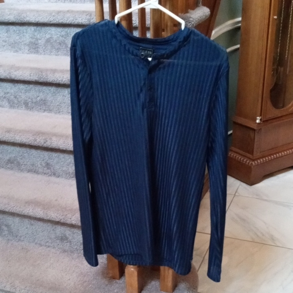 Guess Men's Navy Striped Long Sleeve Shirt